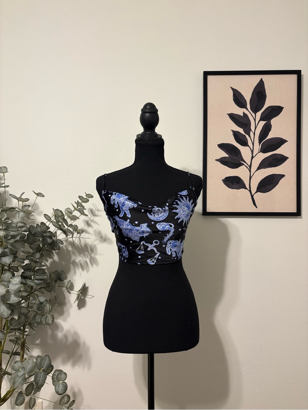 Forever 21 Black Cami Crop Top with Blue Celestial Print